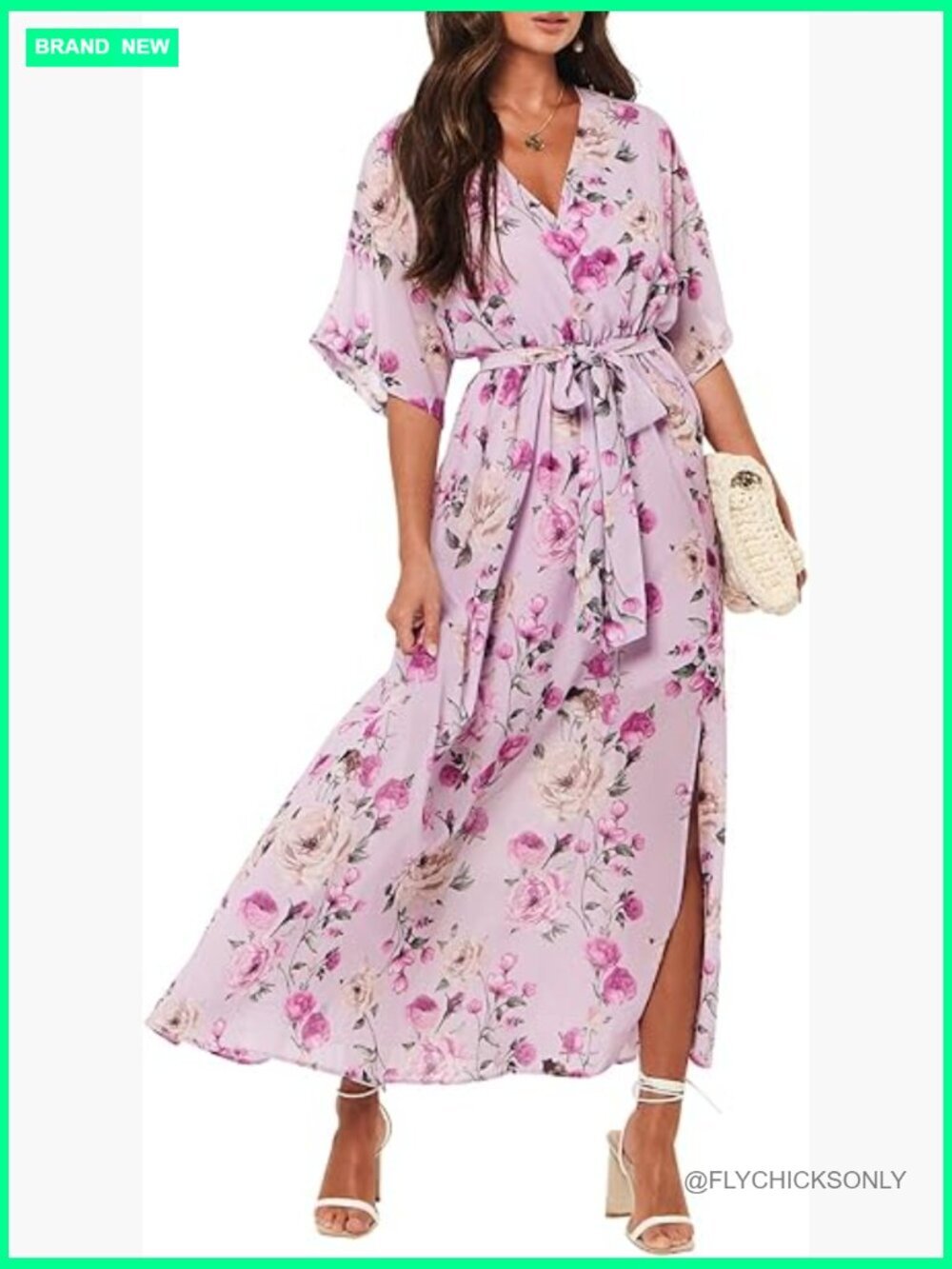 Wrap V Neck Maxi Dress with 3/4 Sleeves and High Slit